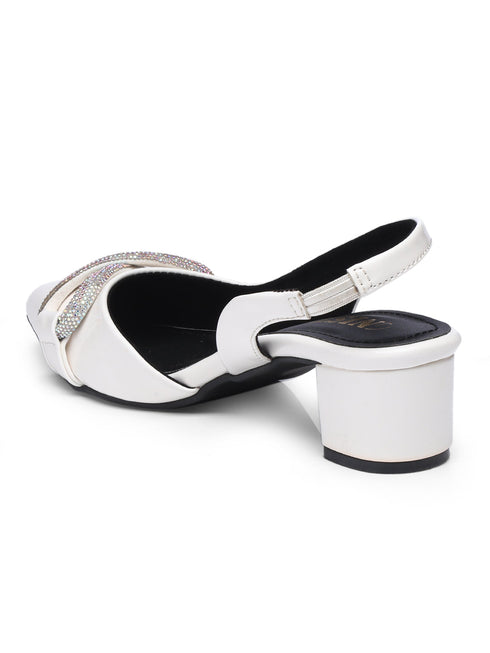 GNIST Embellished Pointed White Block Heel